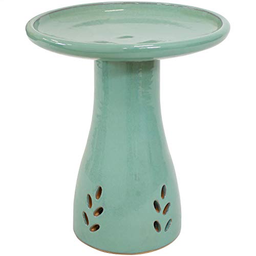 Sunnydaze Hand-Painted Ceramic Outdoor Bird Bath for Garden, 21” H, Seafoam | UV & Frost-Resistant Mineral Glazed Finish, 1 Gal Water Cap, Easy Assembly, Pedestal Bird Bath for Outside, Ceramic Birdbath
