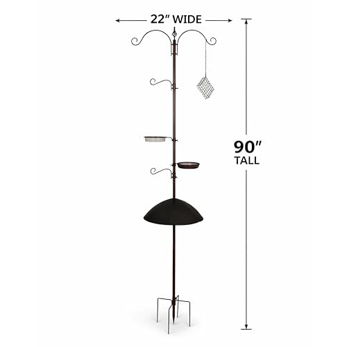 Backyard Expressions 90" Bird Feeding Station for Outdoors, Heavy Duty Bird Feeder Pole with Squirrel Baffle, Shepherd Hooks, Suet Cage, Water Bowl & Tray, Multi Hook Bird Feeder Stand for Yard Garden