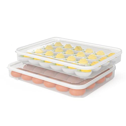Deviled Egg Containers with Lid, (Set of 2), Plastic Egg Holder for Refrigerator for 48 Eggs, Clear Storage Deviled Egg Carrier Tray, Fridge Stackable Countertop Portable Egg Dispenser - color: Clear, size: 48 Eggs