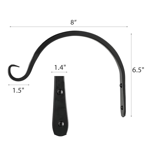 Worth Garden 6-Pack 8" Plant Hanger Bracket - Hand-Forged Wrought Iron Powder-Coated Heavy Duty Wall Hooks - Black Curved Plant Hanging Hooks for Bird Feeders, Flower Baskets, Indoor & Outdoor Use - size: 8" Length