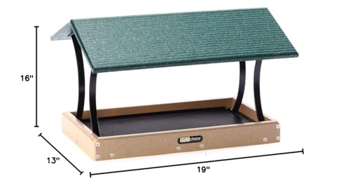 Birds Choice SNFT-300 Fly-Thru Feeder, Recycled Pole Mounted Bird Feeder, Large, Taupe/Green | Recycled Plastic Platform with Roof, Welcomes Cardinals, Jays and Other Wild Birds, 19in x 15.75in x 13in