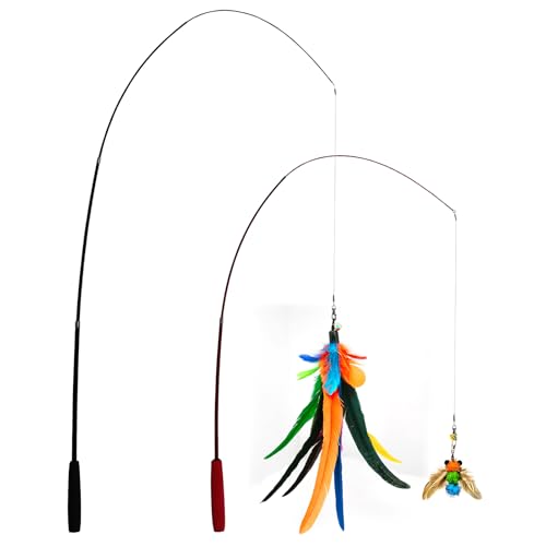 miwoowim 2PCS Retractable Cat Teaser Wands & 9PCS Feather Refills Toy Set | Dual-size telescopic rods (50" & 38"), da bird feather attachments with bells replacement,interactive fishing pole toys - color: 11 PCS Retractable Wand Toy
