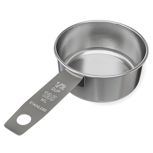 1/2 Cup Stainless Steel Measuring Cup | Sturdy Metal 125 ml | 125 cc | 4 oz | Single Cup for Wet and Dry Ingredients | Great for use as 1/2 Cup Dog Food Scoop - 1 PK - size: 1/2 Cup