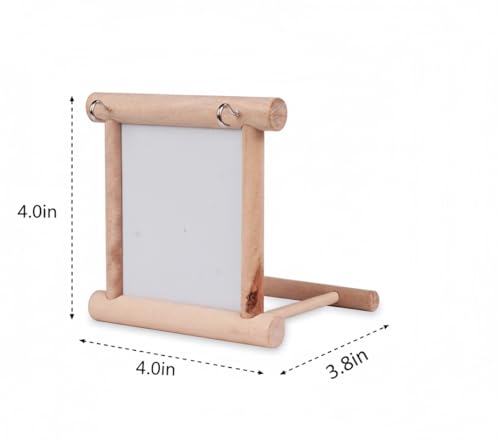 Bird Mirror Toy for Parakeet, Budgie, and Lovebirds - MINI-FACTORY Safe Enrichment Cage Accessory with Natural Wood Perch for Small & Medium Birds