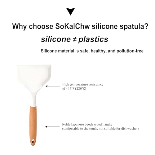 Wide silicone spatula tamagoyaki shovel,Omelette pan turner | for pancakes, eggs, fish, steak and pizza, nonstick cookware, wooden handle (White) - color: White