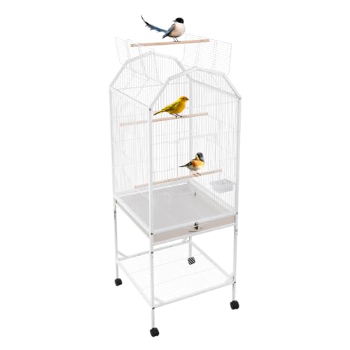 Bird Cage, 18.11 x 18.11 x 53.54 Inch Mobile Bird Flight Cage Large Metal Parakeet Cage w/Slide-Out Tray & Storage Shelf for Budgerigars Lovebirds Kea Parrots & Sun Conures - color: White, size: 18.1"L x 18.1"W x 53.5"H