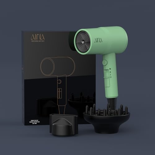 AINA Diffuser Hair Dryer Full-Featured Blow Dryer 110V/1600W(Jade Green) | 3 Heat/2 Speed;Cold shut button;Lightweight;Compact Size;High Temp;Low Airflow;Same Results;Less Expense - color: Jade Green, size: 3 Piece