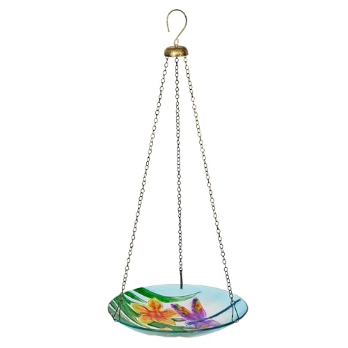 Alpine Corporation KBD158 Outdoor Hanging Glass Bird Feeder and Birdbath, Floral and Dragonfly Design with Chain, 10" W, Yellow - style: Floral and Dragonfly