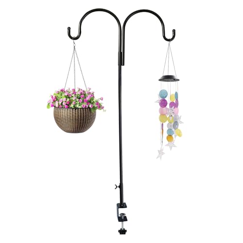 Double Shepherds Hooks for Outdoor, Deck Bird Feeder Hanger for Railing, Over The Table Rod Stand with Clamps, Shepherds Hook with Clamp for Lanterns, Wind Chimes, Flower, Plant Baskets