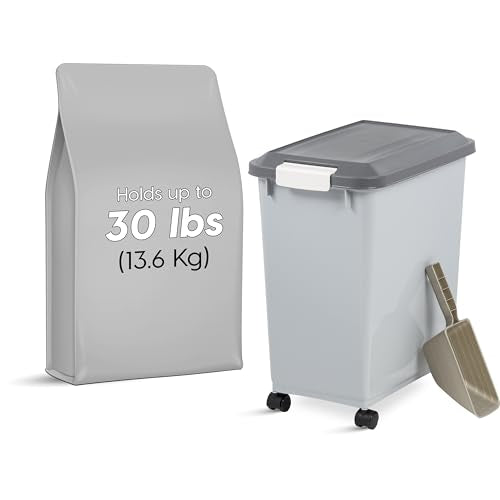 IRIS USA Dog Food Storage Container, Up to 30 lbs, Gray/Dark Gray | Made in the USA, Comes w/ Wheels & 2-Cup Scoop, Airtight Seal, BPA-Free, Kibbles, Bird Seed, Cat food, Cat Litter, Pellets - color: Gray/Dark Gray, size: 30 lbs
