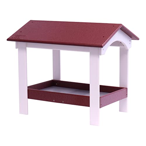 Ground Bird Feeder, Deluxe Fly-Through Covered Feeder for Birds and Squirrels with Screen Mesh Tray (Cherry Wood/White) - color: Cherry Wood/White