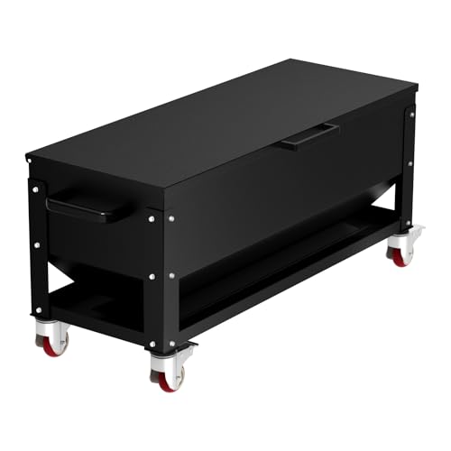 120lb Large Capacity Automatic Metal Chicken Feeder, Heavy Duty Gravity Chicken Feeder Box with Weatherproof Lid Brake Casters,Portable Chicken Feede No Waste Poultry Feeder for Ducks, Geese