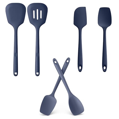 U-Taste 2PCS 13.6in 600ºF Silicone Turners & 2PCS 11.38in Flat/Spoon Spatulas & 600ºF Silicone Spoons (Midnight Blue)