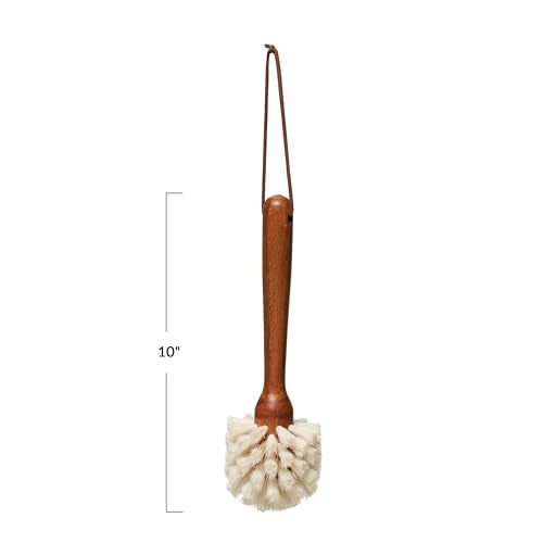 Beech Wood Dish Brush w Leather Strap, Dark Brown - size: 9-3/4"