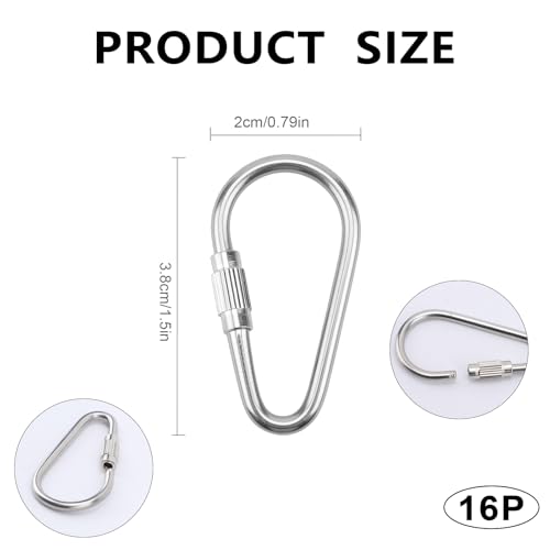 16 Pcs Small Locking Carabiner, 1.5in D-Ring Key Hooks, Stainless Steel Screw Lock Carabiner Clips for Keychain Pet Leash Parrot Bird Hanging Toys (Silver)