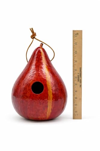 Red Striped Handmade Gourd Birdhouse, 9–11" Tall | Natural Bird House for Outdoors, 1.5" Entrance Hole, For Wrens, Chickadees & Bluebirds, Hanging Garden Decor