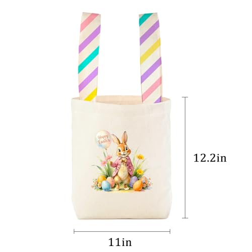 Easter Basket Bunny Canvas Tote Bag, 12.2x11 Inches, Natural Canvas, Hand-Carry, for Gift and Easter Egg Collection - color: A-pink