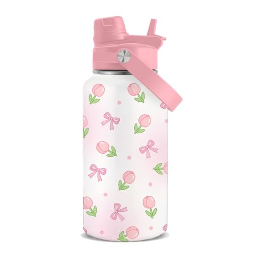 Tulip Gift for Women, 26oz Water Bottle with Handle for Girl Friends - color: Tulip-Pink