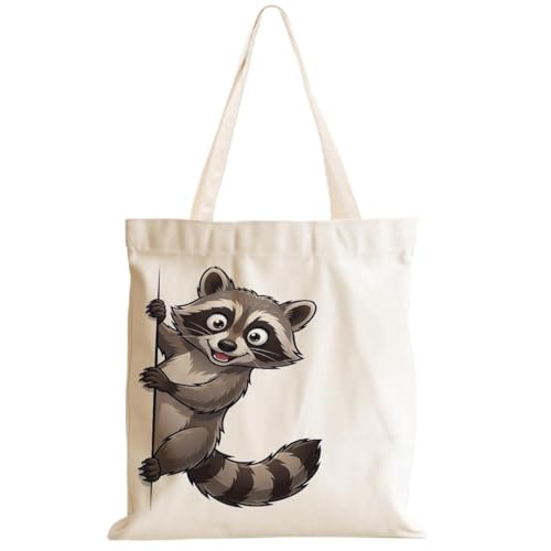 Cartoon Canvas Tote Bag, Gifts for Women Men Birthday Christmas Reusable Tote Shoulder Bag for Grocery Shopping 01 - color: Raccoon 471
