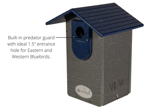 Ultimate Eastern and Western Bluebird House with Universal Mounting Pole Kit - Garden Birdhouse and Pole Combo (Blue and Gray)
