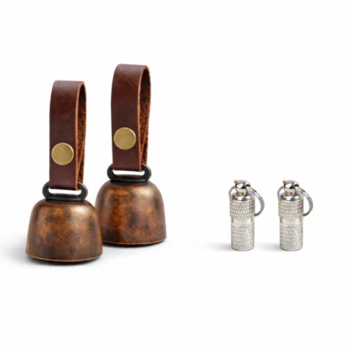 kcrygogo Dog Collar Bell with Leather Snap Strap, 2 Pack Loud Pet Collar Bells for Dogs, Jingle Bell to Help Locate Your Dog, Includes 2 ID Capsule Tags, Vintage Copper Bell Collar Accessory