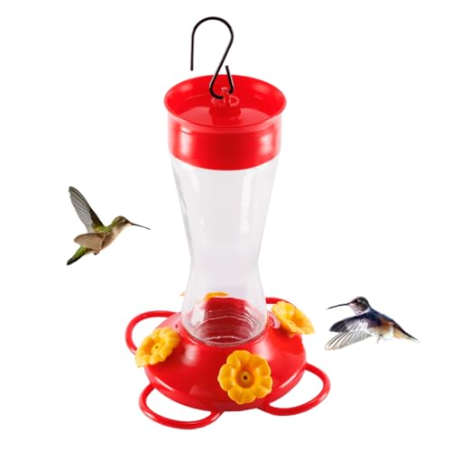 Nature's Rhythm Bird Feeder 4 bee Guard Plastic Yellow Flowers Feeding Port 8oz Glass Pinch Waist Hummingbird Feeder (1Pcs) - color: Red-Yellow Flowers, size: 1pcs
