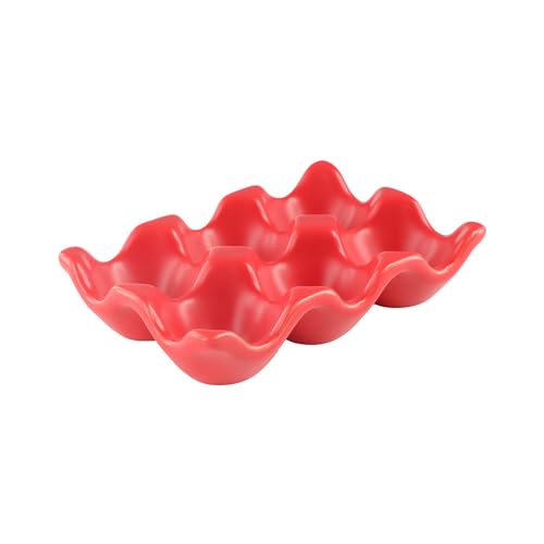 Pokinge Ceramic Egg Holder, 6 Cups Porcelain Egg Storage Rack Half Dozen Egg Tray Kitchen Fridge Storage Supplies Home Tabletop Decoration(red)