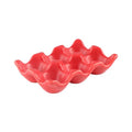 Pokinge Ceramic Egg Holder, 6 Cups Porcelain Egg Storage Rack Half Dozen Egg Tray Kitchen Fridge Storage Supplies Home Tabletop Decoration(red)