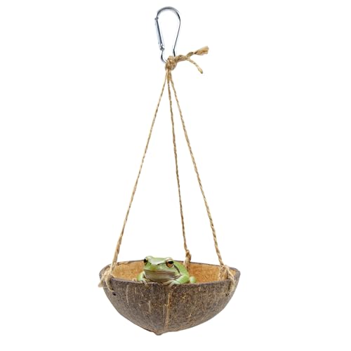 Natural Coconut Shell Frog Swing Toy, Reptile Hammock Bed with Hanging Rope & Metal Buckle, Terrarium Habitat Decor Accessories for Lizard Gecko Bearded Dragon Hamster Birds Hermit Crab Bearded Dragon