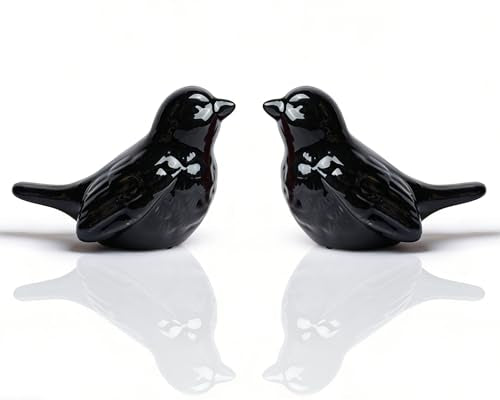 Set of 2 Ceramic Black Bird Figurines, 3.75 Inch Modern Bird Statues Home Decor, Cute Small Knick Knacks for Shelf, Office, Living Room, Bathroom, Kitchen, Housewarming Gift - color: Black