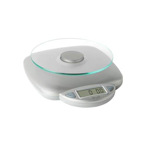 Taylor 11LB Capacity Digital Glass Top Kitchen Scale with LCD Display, Weight in Grams and Ounces for Baking, Cooking, and Meal Prep, Silver