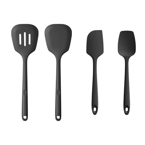 U-Taste 600℉ Heat Resistant Food Grade Silicone Cooking Egg Turner Set of 2, and 600ºF Heat Resistant 11.38in Flexible Non-Stick Spatula & Spoon Spatula Set of 2 (Black)