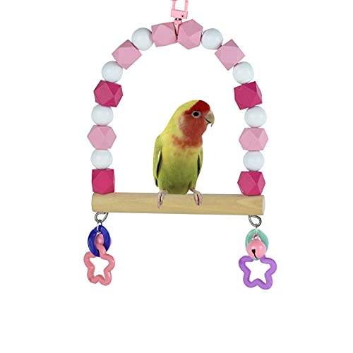 Small Bird Swings for Cage, Parrot Wooden Stand Perches Climbing Toys | Colorful Wood Beads with Bell,Parakeets Chewing Toy, Budgies Lovebirds Birdcage Playground Accessories - color: pink