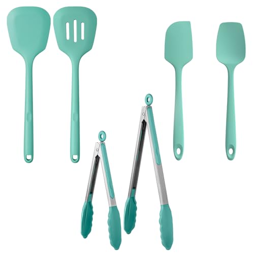 U-Taste 600ºF Silicone Turner Set 13.6in Solid Slotted & Spatula Set Heat Resistant & 600ºF Tongs Set 9 12inch Nonstick Stainless Handle(Aqua Sky)