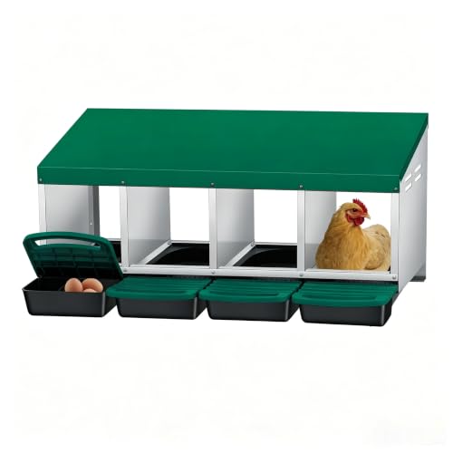 Galvanized Steel Chicken Nesting Box 4 Compartment with Pull Out Tray, Roll Away Nest Boxes for Laying Hens Egg Collection, Wall Mount Poultry Nest Box for Coop with Handle, Green