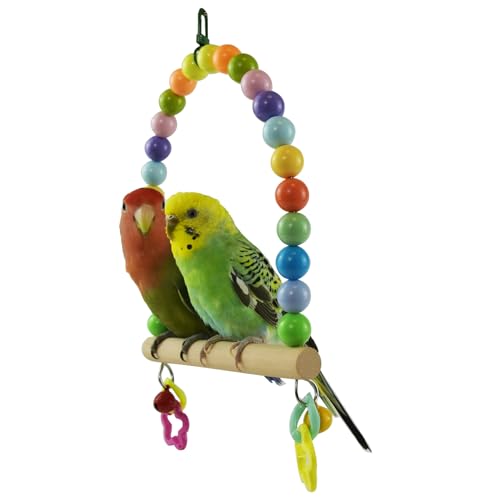 Large Bird Swing for Cage Parrot Wooden Perch Stands Cockatiel Hanging Toy | Colorful Acrylic Beads Bell, Parakeet Climbing Chewing Toys, Playground Birdcage Accessories for Quaker Conures Lovebirds - color: Multi-color