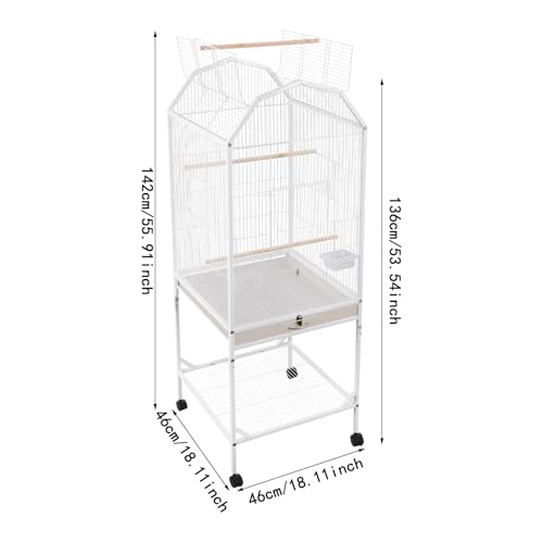 Bird Cage, 18.11 x 18.11 x 53.54 Inch Mobile Bird Flight Cage Large Metal Parakeet Cage w/Slide-Out Tray & Storage Shelf for Budgerigars Lovebirds Kea Parrots & Sun Conures - color: White, size: 18.1"L x 18.1"W x 53.5"H