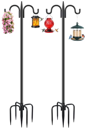 Gtongoko Bird Feeder Pole for Outdoors Heavy Duty, 2 Pack 108 Inch Double Shepherds Hook with 5-Prong Stable Base, 3/4 Inch Thick Hummingbird Feeder Stand for Hanging Plants, Lanterns - size: 108 Inch