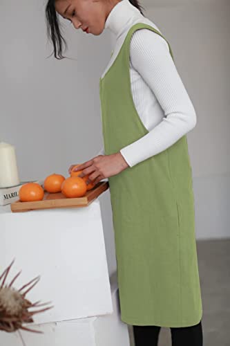 Cotton Linen Japanese Apron Halter Cross Back Bandage X Shape Aprons Two Pockets - color: Shallow Grass Green