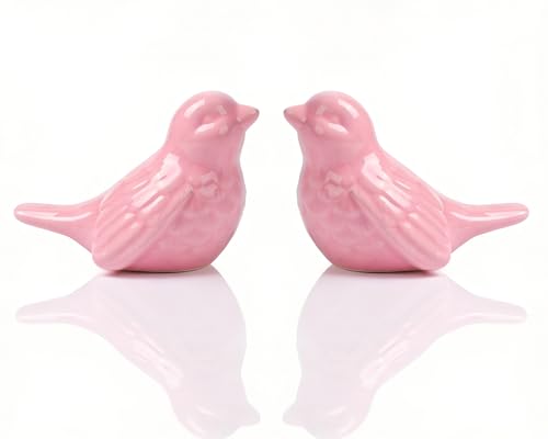 Set of 2 Ceramic Pink Bird Figurines, 3.75 Inch Modern Bird Statues Home Decor, Cute Small Knick Knacks for Shelf, Office, Living Room, Bathroom, Kitchen, Housewarming Gift - color: Pink