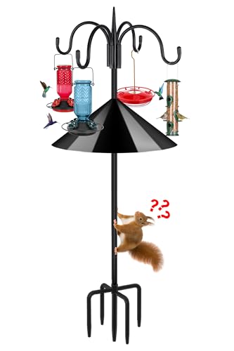 Heavy Duty Shepherds Hook Squirrel-Proof Bird Feeder Pole 92" Four Hooks 5-Prong Base & 19" Baffle for Outdoor Feeders & Plants - color: w/ Squirrel Baffle, size: 92" Quadruple Hook