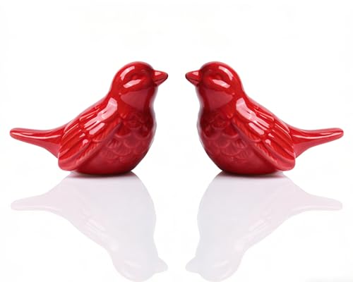 Set of 2 Ceramic Red Bird Figurines, 3.75 Inch Modern Bird Statues Home Decor, Cute Small Knick Knacks for Shelf, Office, Living Room, Bathroom, Kitchen, Housewarming Gift - color: Red