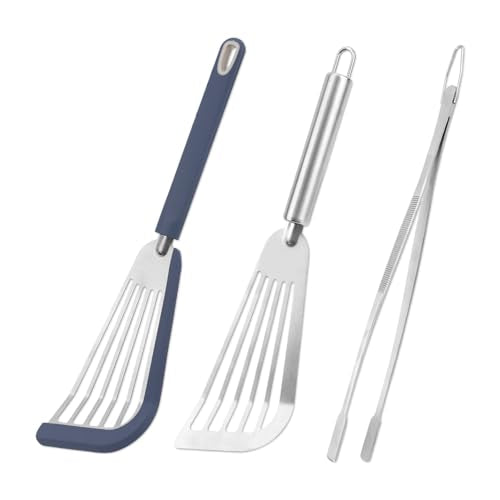 3pcs Silicone Fish Spatula Set with Stainless Steel Turner & Tongs Tweezers, Heat-Resistant Flexible Kitchen Utensils for Nonstick Cookware for Flipping Fish Meat Pancakes Eggs & Burgers