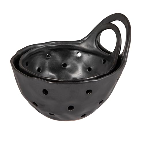Creative Co-Op Set of 2 Black Reactive Glaze Stoneware Colanders - color: Black, size: Large/Small