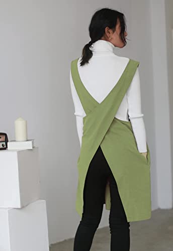 Cotton Linen Japanese Apron Halter Cross Back Bandage X Shape Aprons Two Pockets - color: Shallow Grass Green