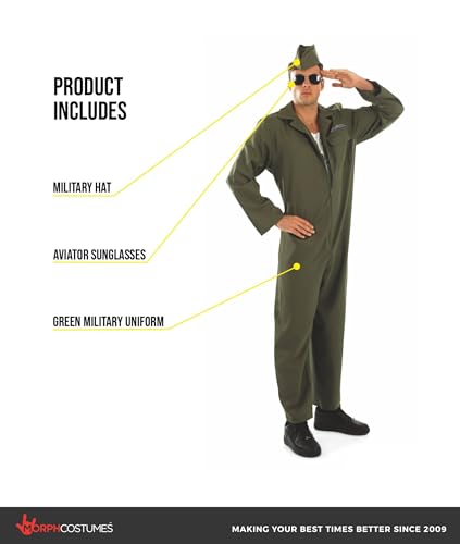 fun shack, Flight Suit Costume Men, Halloween Costumes for Men | Khaki Green Military Style Jumpsuit with Zipper Closure, Matching Hat Included, Perfect for Halloween, Great for Dress-Up