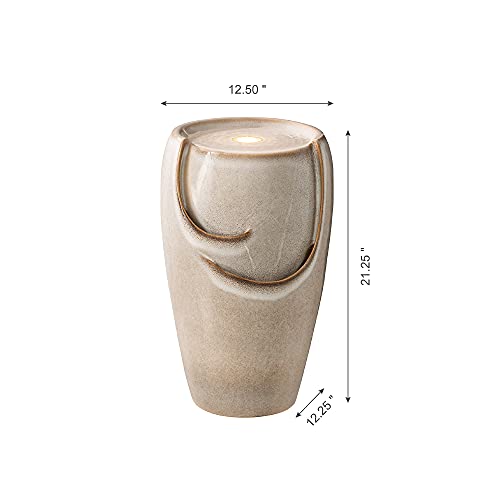 Glitzhome 21.25" H Ceramic Vase Outdoor Water Fountain Tall Patio Garden Water Fountain with LED Light and Submersible Pump Yard Art Decor, Sand Beige - color: Sand Beige, size: 21.25" H