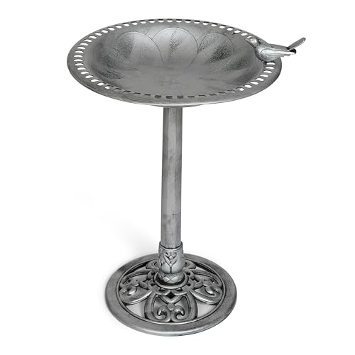 Outdoor Garden Bird Bath - Silver - Weather Resistant Polyresin - 30 Inch - Backyard Expressions