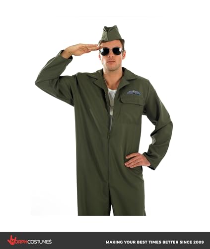 fun shack, Flight Suit Costume Men, Halloween Costumes for Men | Khaki Green Military Style Jumpsuit with Zipper Closure, Matching Hat Included, Perfect for Halloween, Great for Dress-Up