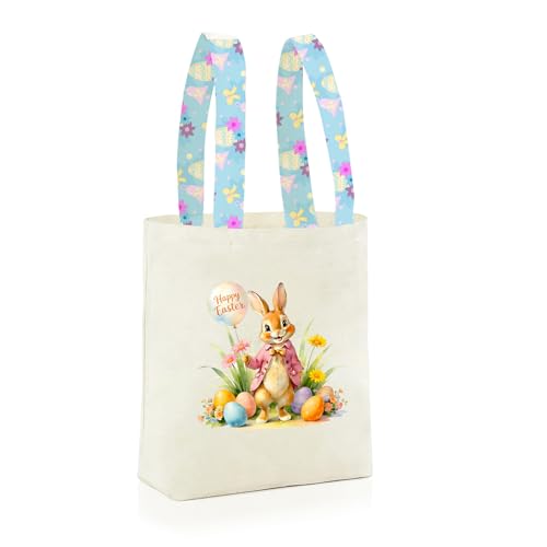 Easter Basket Bunny Canvas Tote Bag, 12.2x11 Inches, Natural Canvas, Hand-Carry, for Gift and Easter Egg Collection - color: C-pink